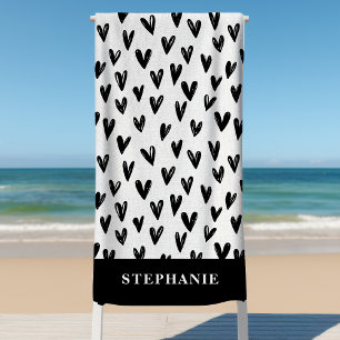 Serviette De Plage Cœurs Doodle Noir Et Blanc Personnalisés Mignons