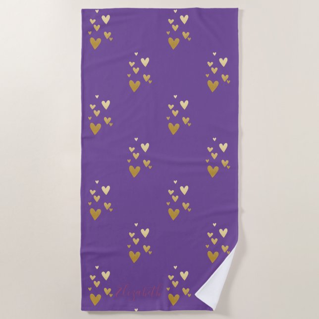 Serviette De Plage Coeurs d'or violet (Devant)