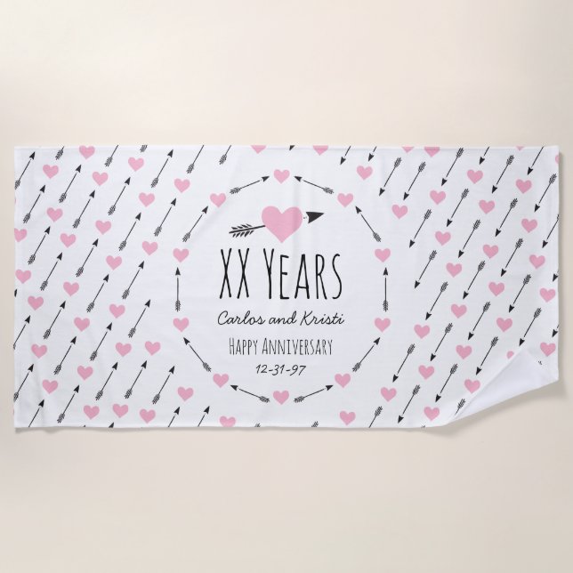 Serviette De Plage Cœurs et Flèches Mariage Anniversaire Personnalisé (Devant)