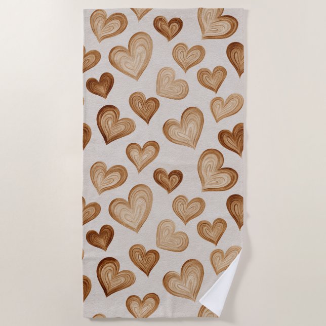 Serviette De Plage Cœurs Marron Crème Rayures (Devant)
