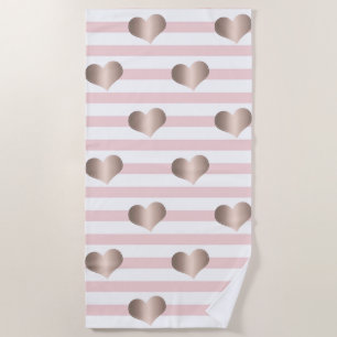 Serviette De Plage Cœurs Rose Gold Féminins, Rayures - Personnalisé