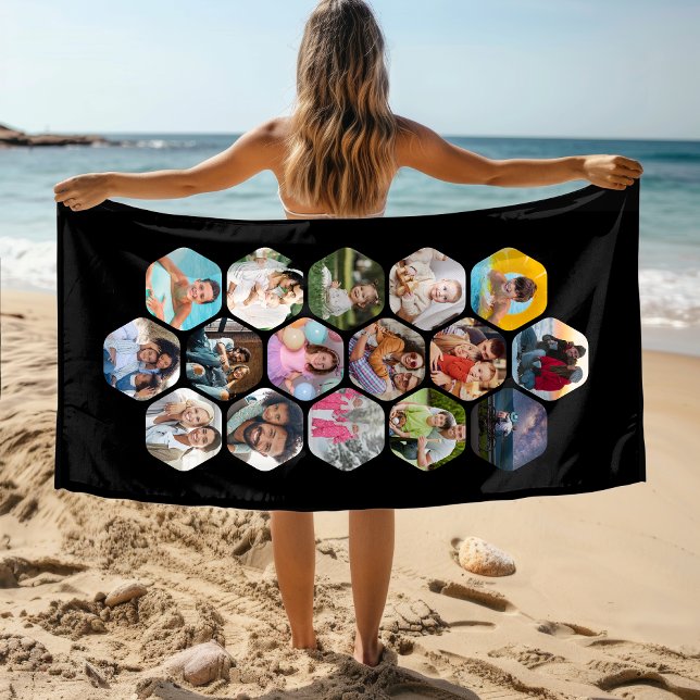 Serviette De Plage Collage hexagonal personnalisé de 16 photos (Créateur téléchargé)