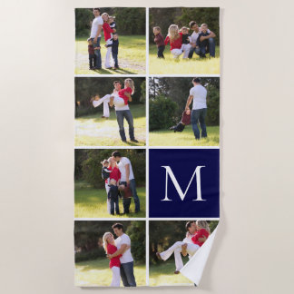Serviette De Plage Collage photo avec 7 photos, monogramme bleu marin