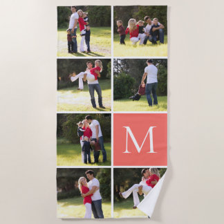 Serviette De Plage Collage photo avec 7 photos, monogramme corail