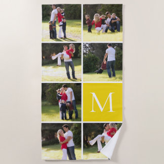 Serviette De Plage Collage photo avec 7 photos, monogramme jaune