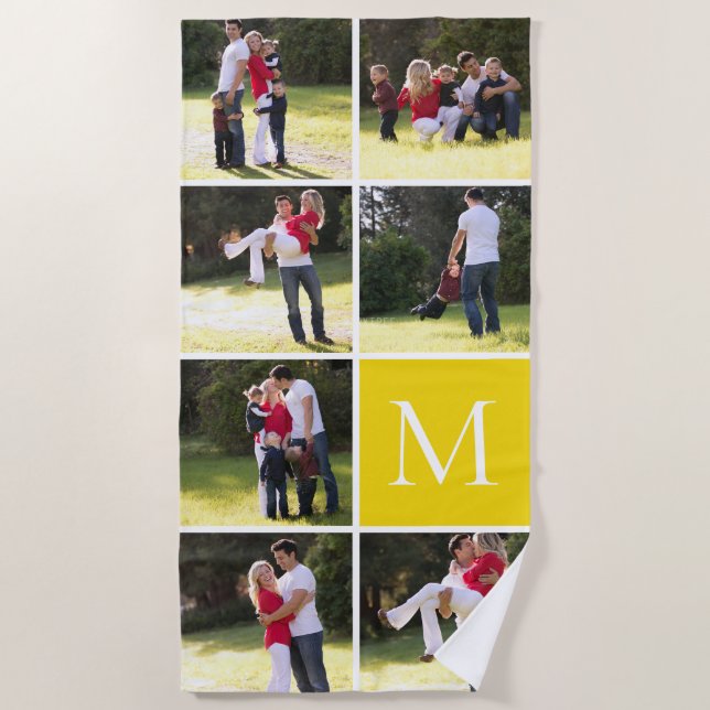 Serviette De Plage Collage photo avec 7 photos, monogramme jaune (Devant)
