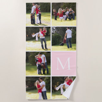 Serviette De Plage Collage photo avec 7 photos, monogramme rose vif