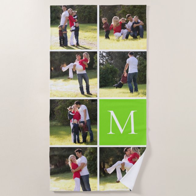 Serviette De Plage Collage photo avec 7 photos, vert monogramme (Devant)