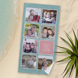 Serviette De Plage Collage photo avec couleurs pastel et texte person<br><div class="desc">Pastel Turquoise vert et Rose rose - Utilisez 7 photos carrés pour créer un cadeau unique et personnel. Une zone de texte est incluse si vous voulez ajouter des noms ou une année et un événement. Si vous avez besoin d'ajuster les images, cliquez sur l'outil personnaliser pour apporter des modifications....</div>