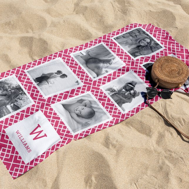 Serviette De Plage Collage photo noir et blanc | Monogramme rose (Créateur téléchargé)