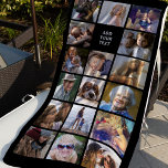Serviette De Plage Collage photo personnalisé 17<br><div class="desc">Serviette de plage personnalisée avec un arrière - plan noir qui peut être changée en n'importe quelle couleur,  17 photos de votre choix,  et un modèle texte simple.</div>