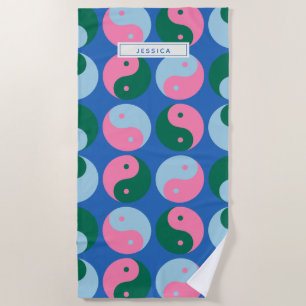 Serviette De Plage Coloré Cute Retro Yin Yang Bleu Personnalisé