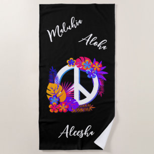 Serviette De Plage Coloré Hawaïen Tropical Paix Amour Noir