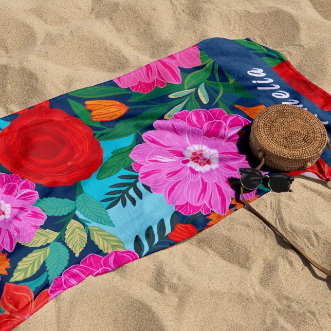 Serviette De Plage Coloré rose floral Personnalisé Vacances (Créateur téléchargé)