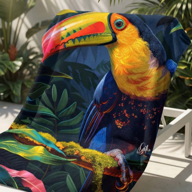 Serviette de plage colorée Tropical Toucan (Tropical toucan towel with vivid color, ideal for beach days and summer trips.)