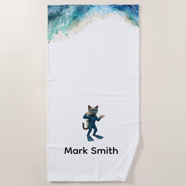 Serviette De Plage Combinaison de plongée Scuba Cat Bleue avec votre  (Devant)