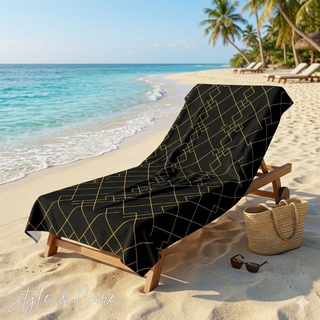 Serviette De Plage Conception de boîte géométrique dorée élégante Noi (Stylish Gold Geometric Box Design Black Beach Towel)