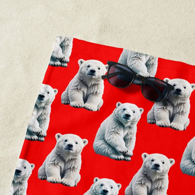 Serviette De Plage Conception de motif d'ours polaire sur fond rouge  (Créateur téléchargé)