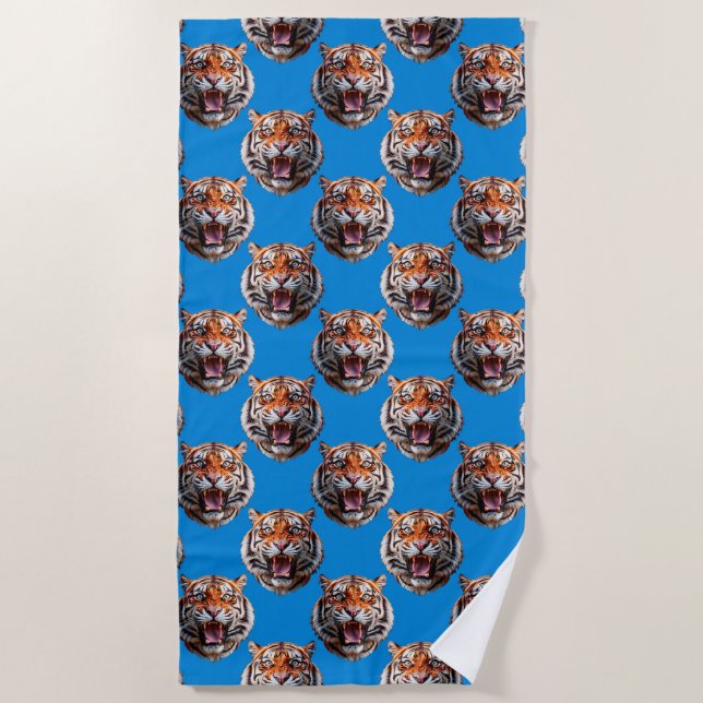 Serviette De Plage Conception de motif tête de tigre bleu (Devant)