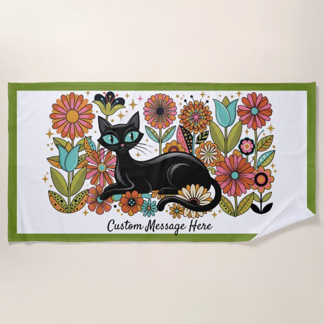 Serviette De Plage Conception personnalisée de chat noir floral rétro (Devant)