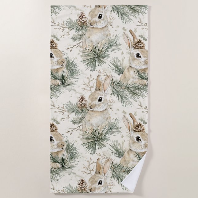 Serviette De Plage Cônes de pin verts lapins de Noël (Devant)