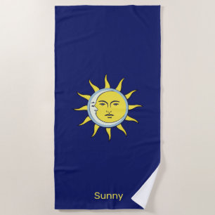 Serviette De Plage Conjonction Lune & Soleil sur fond bleu marine