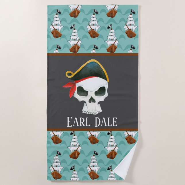 Serviette De Plage Cool Pirate crâne et bateaux ajouter nom