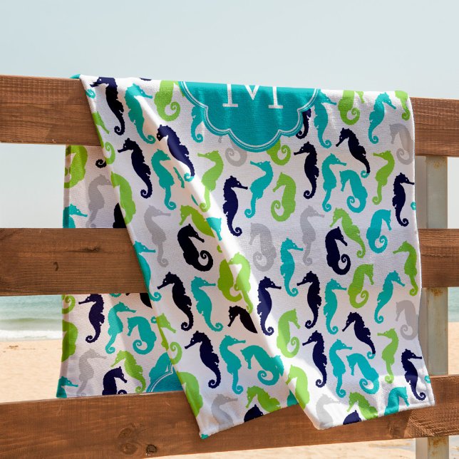 Serviette De Plage Cool Sea Horse Motif Monogramme (Créateur téléchargé)