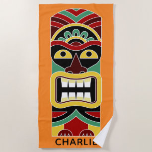 Serviette De Plage Cool Tiki Totem personnalisé nom et couleur servie