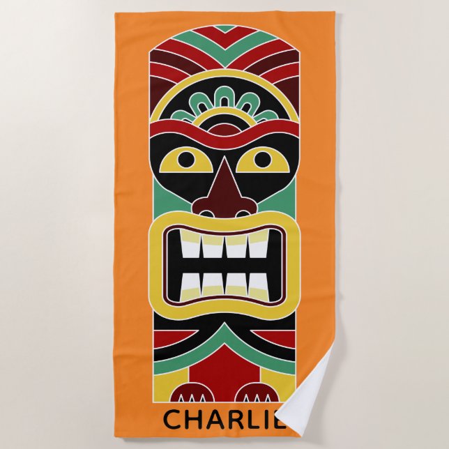 Serviette De Plage Cool Tiki Totem personnalisé nom et couleur servie (Devant)