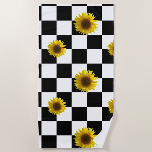 Serviette De Plage Copie noire et blanche Checkered et de tournesol (Devant)