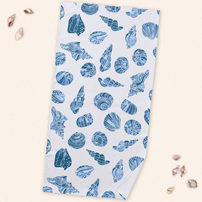 Serviette De Plage Coquillage Aquarelle Naissance Côtière Bleue (Sea shell watercolor pattern blue and white beach towel)
