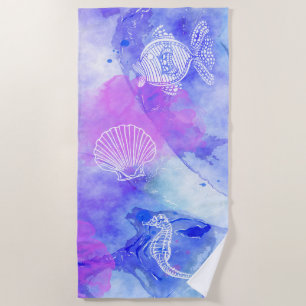 Serviette De Plage Coquillage marin de poissons de mer sur les bleus 