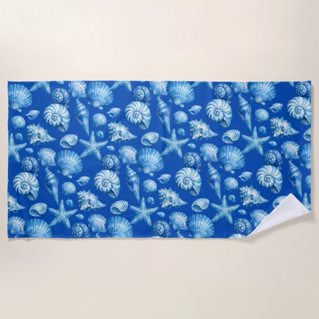 Serviette De Plage Coquillages. Nautique. Bleu (Devant)