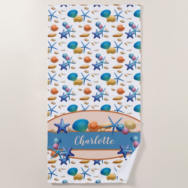 Serviette De Plage Coquillages océaniques colorés Personnalisés (Devant)