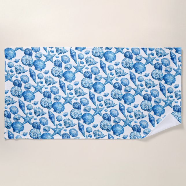 Serviette De Plage Coquilles bleues. Thème nautique.  (Devant)
