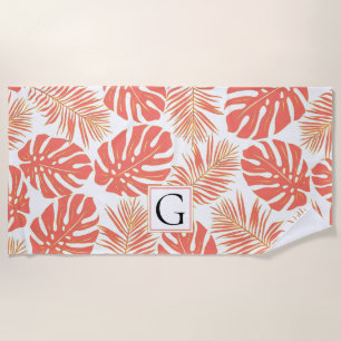 Serviette De Plage Corail et or tropical feuilles et monogramme