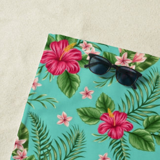 Serviette De Plage Corail Tropical Hibiscus Fleur Sur Turquoise