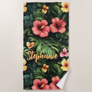 Serviette De Plage Corail tropical Hibiscus rose et jaune Floral