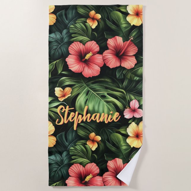 Serviette De Plage Corail tropical Hibiscus rose et jaune Floral (Devant)