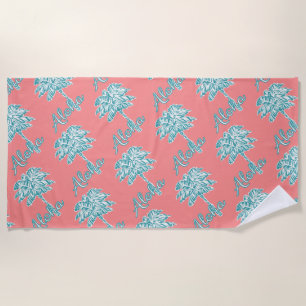 Serviette De Plage Coral Turquois Palm blanc Aloha Tropical