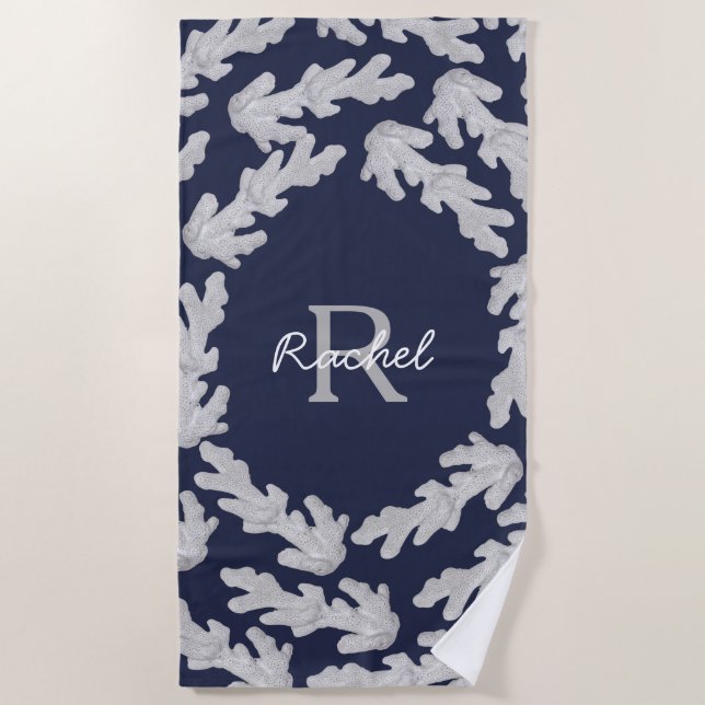 Serviette De Plage Coraux blancs côtiers et nom en script (Devant)