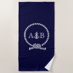 Serviette De Plage Corde bleue marine et Ancre Monogrammed