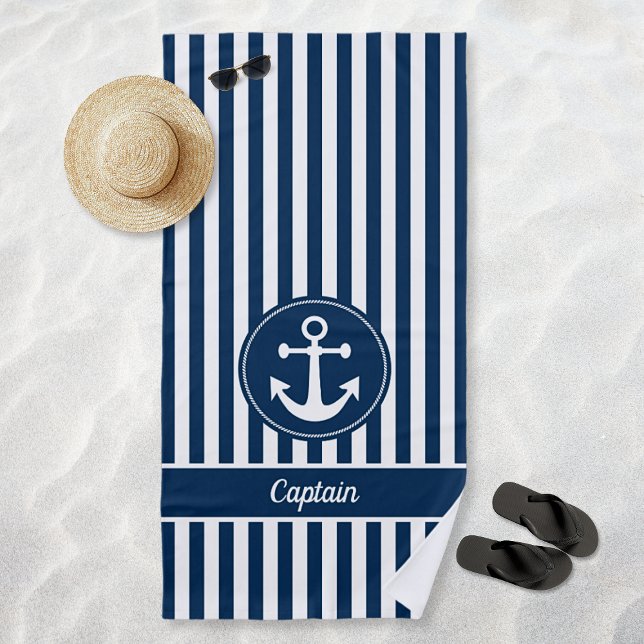 Serviette De Plage Corde d'Ancres Nautique capitaine Marine Bleu (Captain Nautical Anchor Rope Navy Blue Stripes Beach Towel)