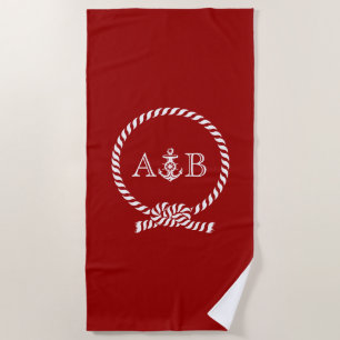 Serviette De Plage Corde rouge et Ancre Monogrammé