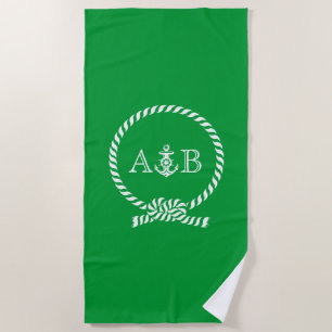 Serviette De Plage Corde verte et Ancre Monogrammé