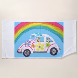 Serviette De Plage Corgis dans une voiture hippie sur la plage avec u