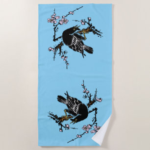 Serviette De Plage Corneille japonaise vintage et fleurs de cerisiers