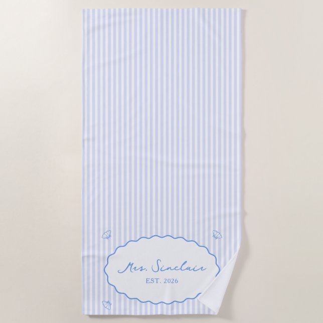 Serviette De Plage Côte Chic Personnalisé Bleu Lune de Miel Mme (Devant)