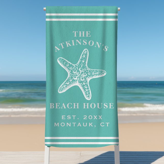 Serviette De Plage Côte Starfish Beach House Nom de famille Turquoise (Créateur téléchargé)